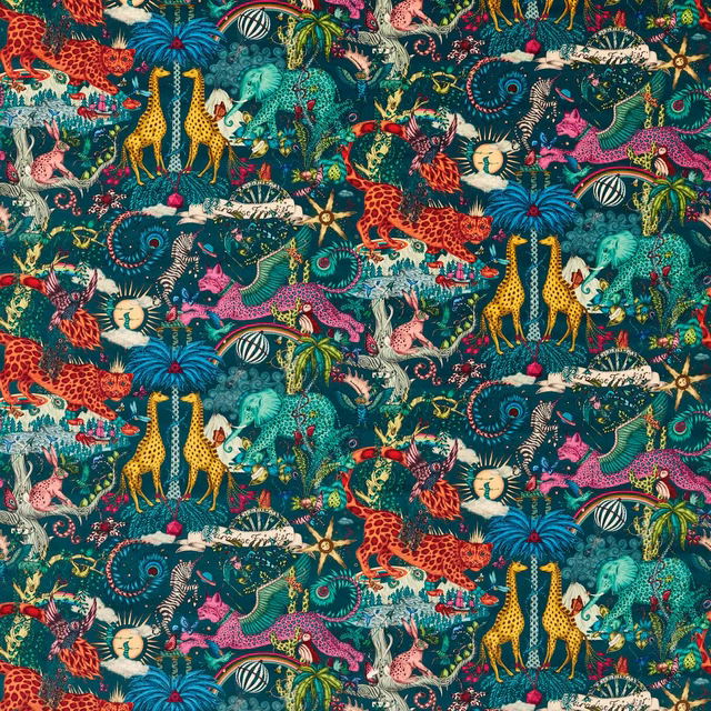 Deep teal velvet covered in colourful jungle animals, birds, foliage and curling botanical motifs