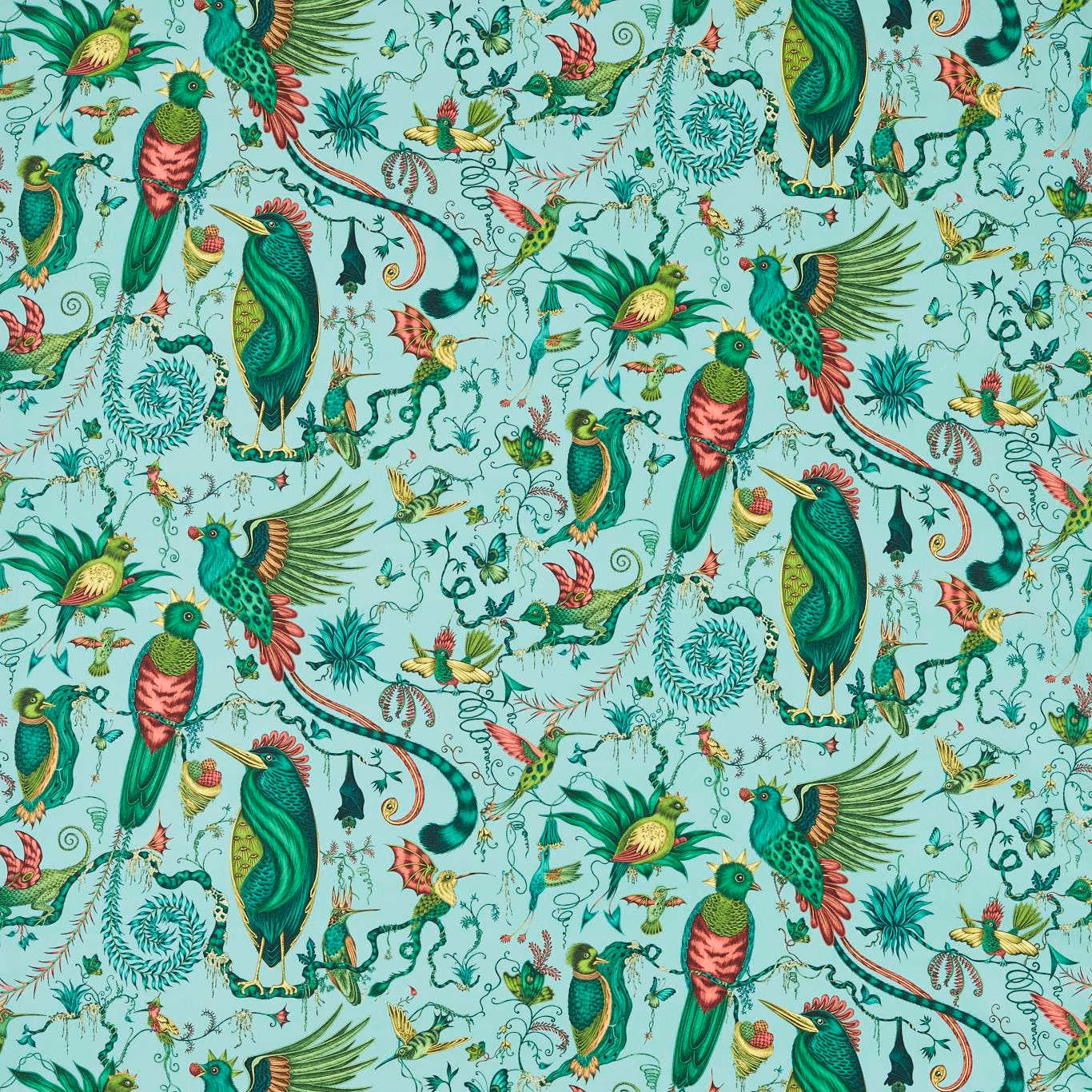 Bright aqua fabric with jewel-toned parrots, peacocks and curling botanical foliage