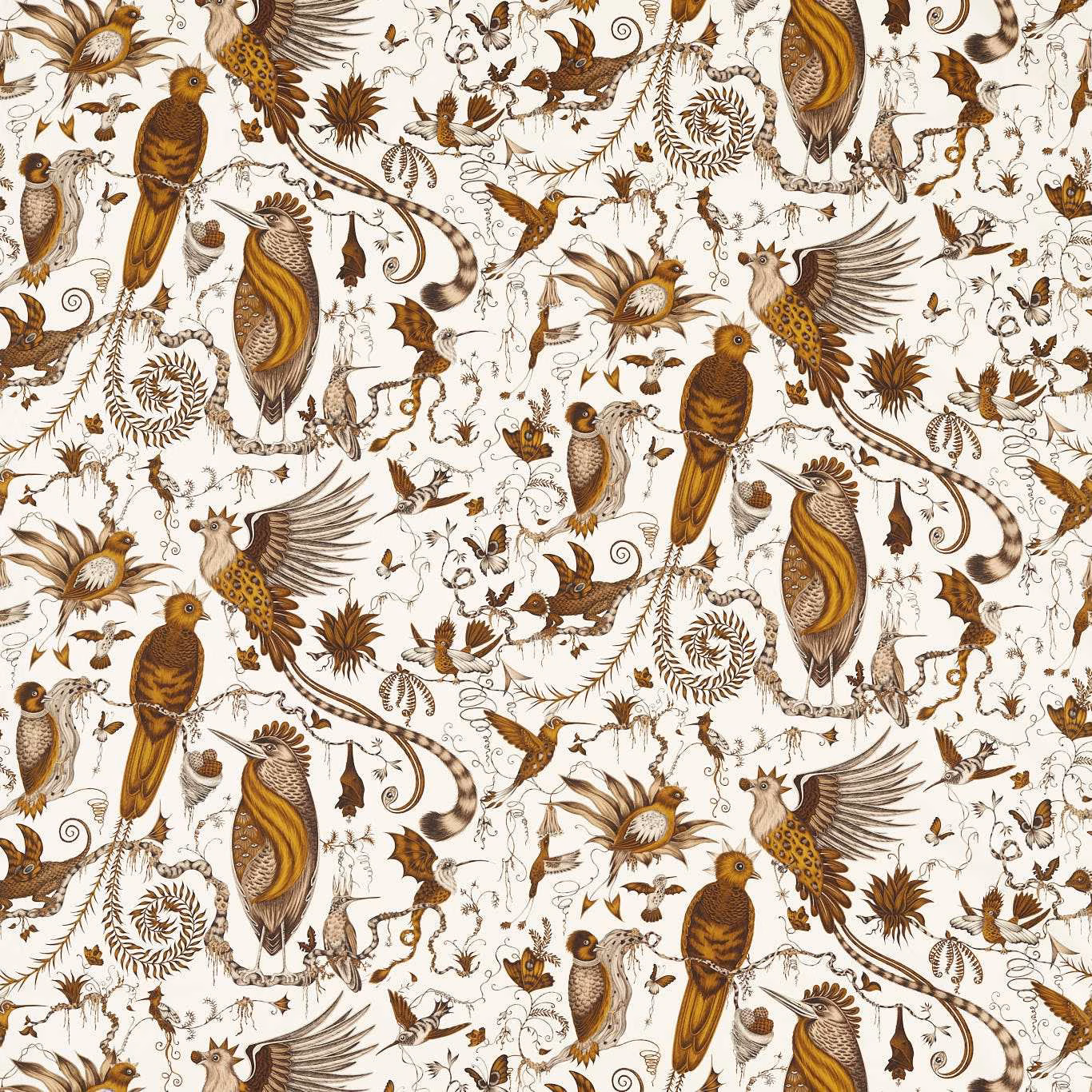 Warm gold and brown birds, curling branches and fine foliage on an ivory ground