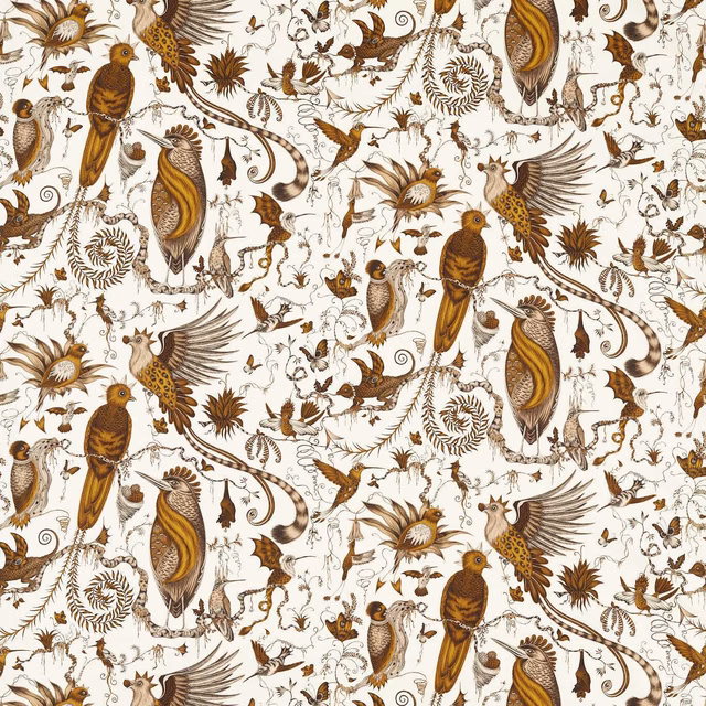 Warm gold and brown birds, curling branches and fine foliage on an ivory ground