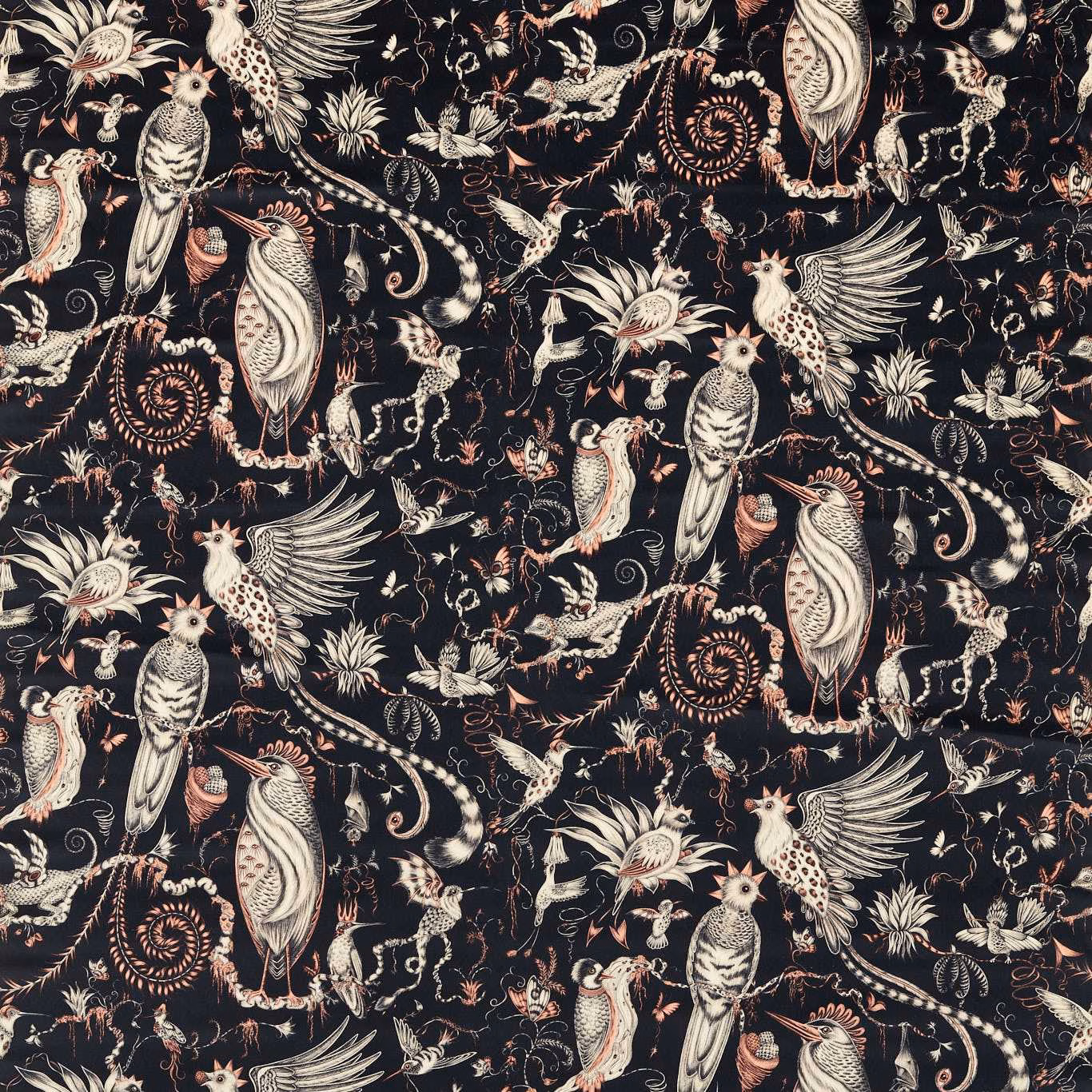 Charcoal velvet with ivory birds, coral details and dense botanical motifs