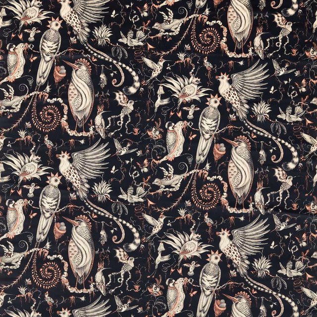 Charcoal velvet with ivory birds, coral details and dense botanical motifs