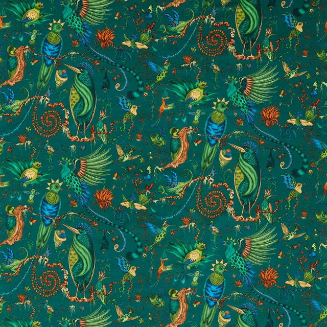 Deep teal velvet with exotic birds, curling foliage and jewel-toned botanical details