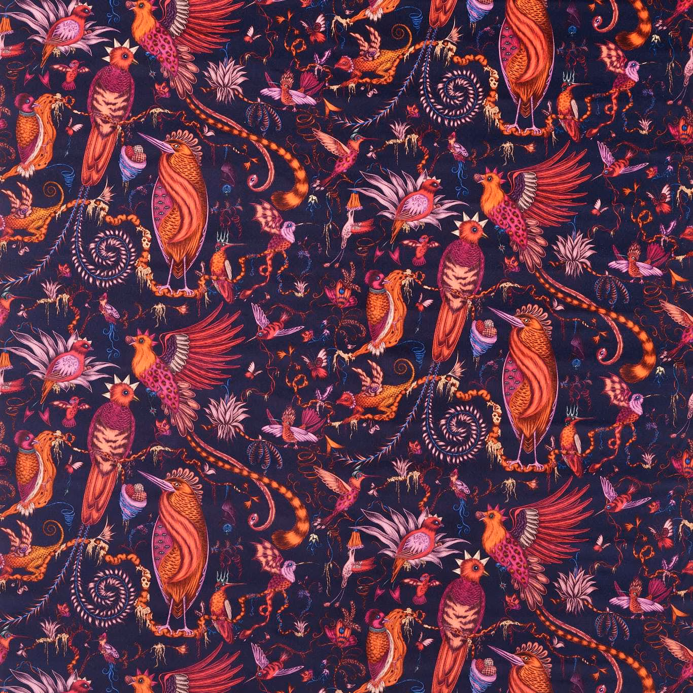 Violet velvet with coral and orange birds, pink flowers and curling botanical motifs