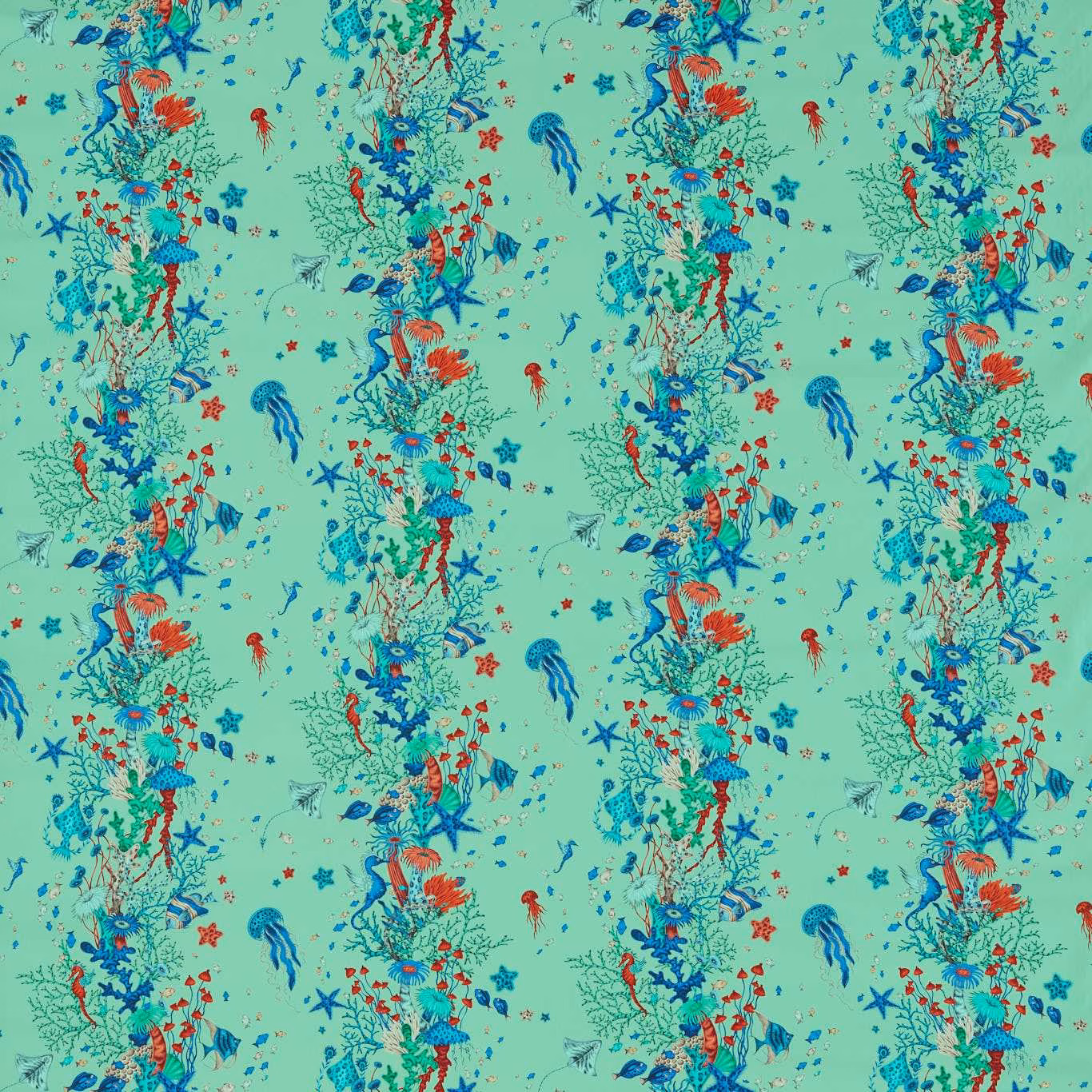 Seafoam aqua fabric with coral, cobalt and turquoise underwater botanical motifs
