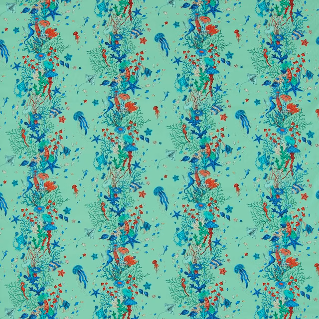 Seafoam aqua fabric with coral, cobalt and turquoise underwater botanical motifs