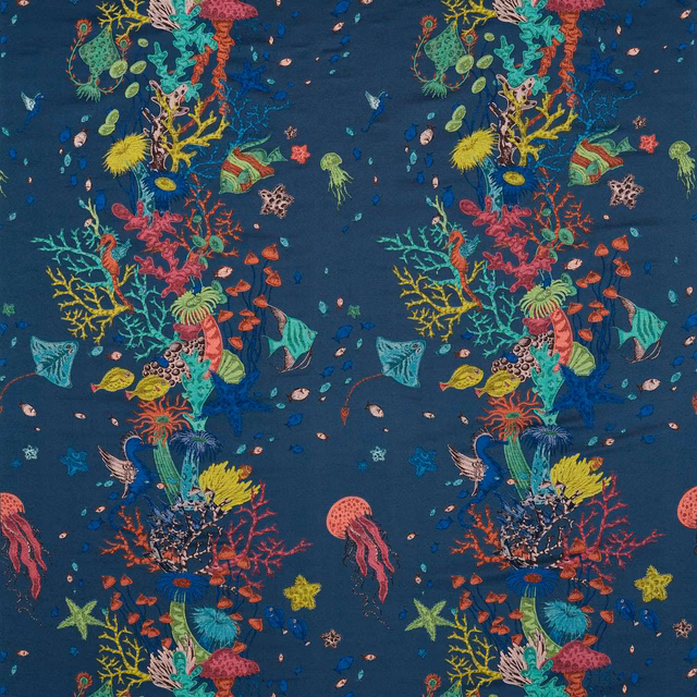 Deep navy jacquard with coral, turquoise and yellow underwater motifs