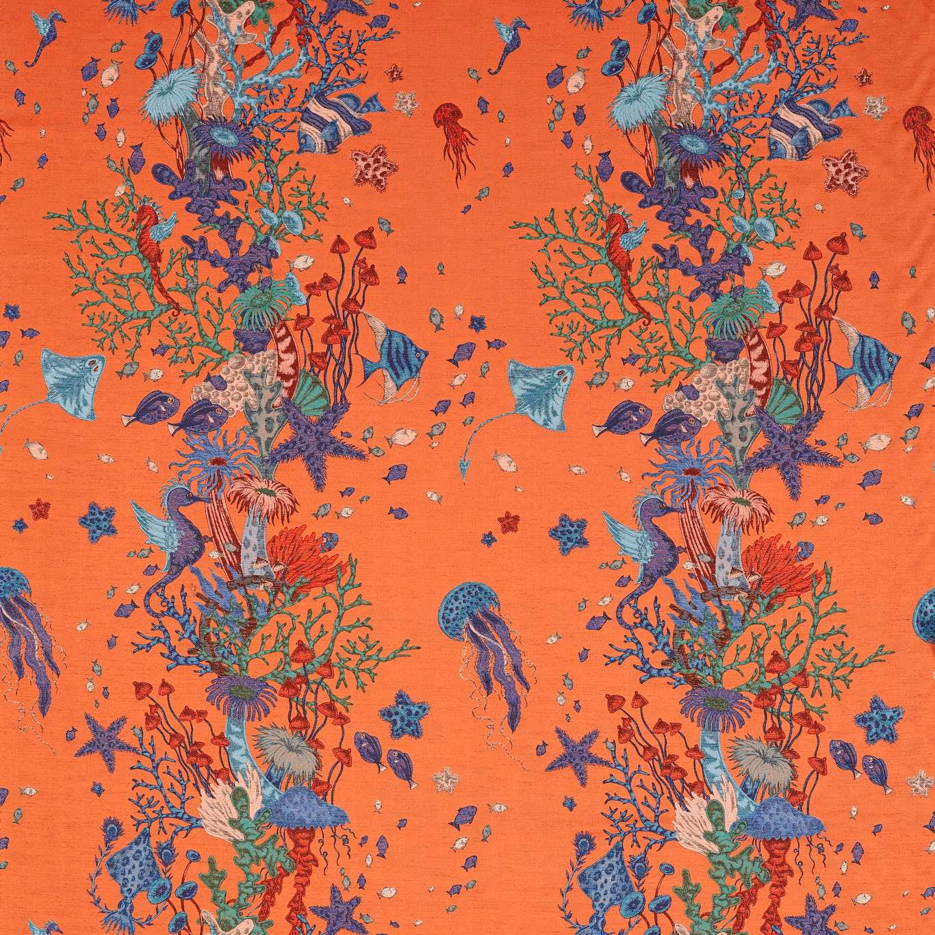 Coral orange jacquard with colourful underwater coral, fish, jellyfish and sea-life motifs