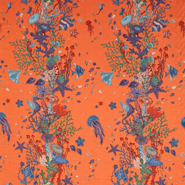 Coral orange jacquard with colourful underwater coral, fish, jellyfish and sea-life motifs