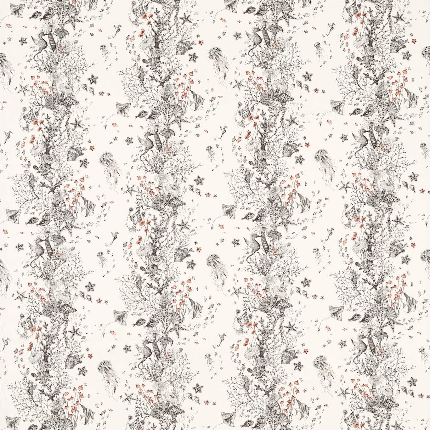 Cream fabric with charcoal botanical columns, fine animal motifs and tiny coral accents