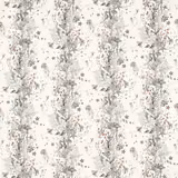 Cream fabric with charcoal botanical columns, fine animal motifs and tiny coral accents