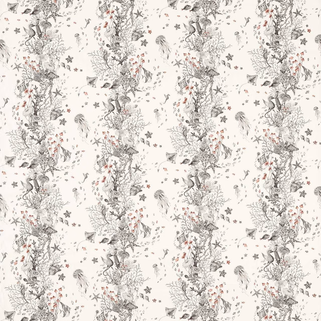 Cream fabric with charcoal botanical columns, fine animal motifs and tiny coral accents