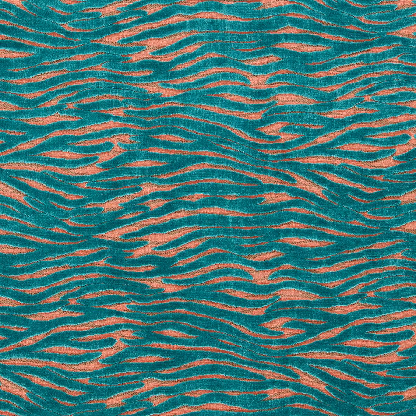 Teal woven upholstery fabric with coral-pink flowing stripe motifs and textured surface