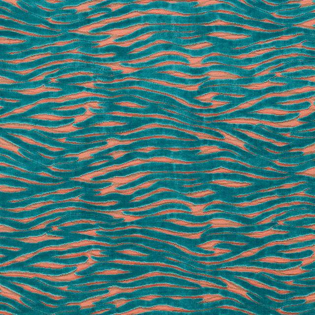 Teal woven upholstery fabric with coral-pink flowing stripe motifs and textured surface