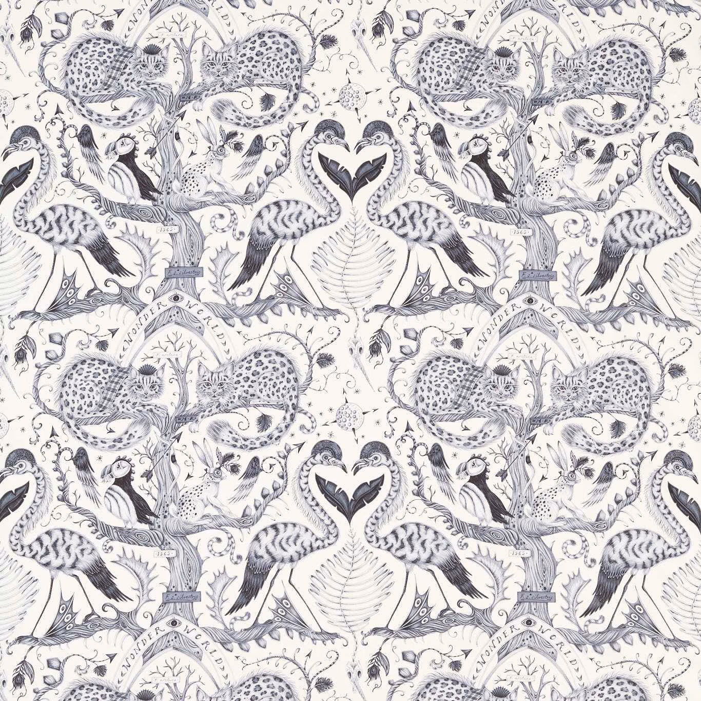 Charcoal-grey leopards and cranes in a detailed repeat on warm cream fabric