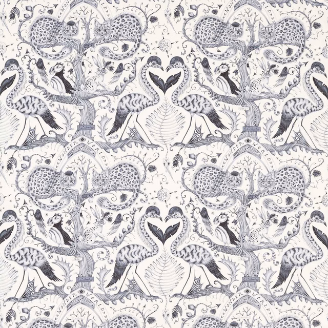 Charcoal-grey leopards and cranes in a detailed repeat on warm cream fabric