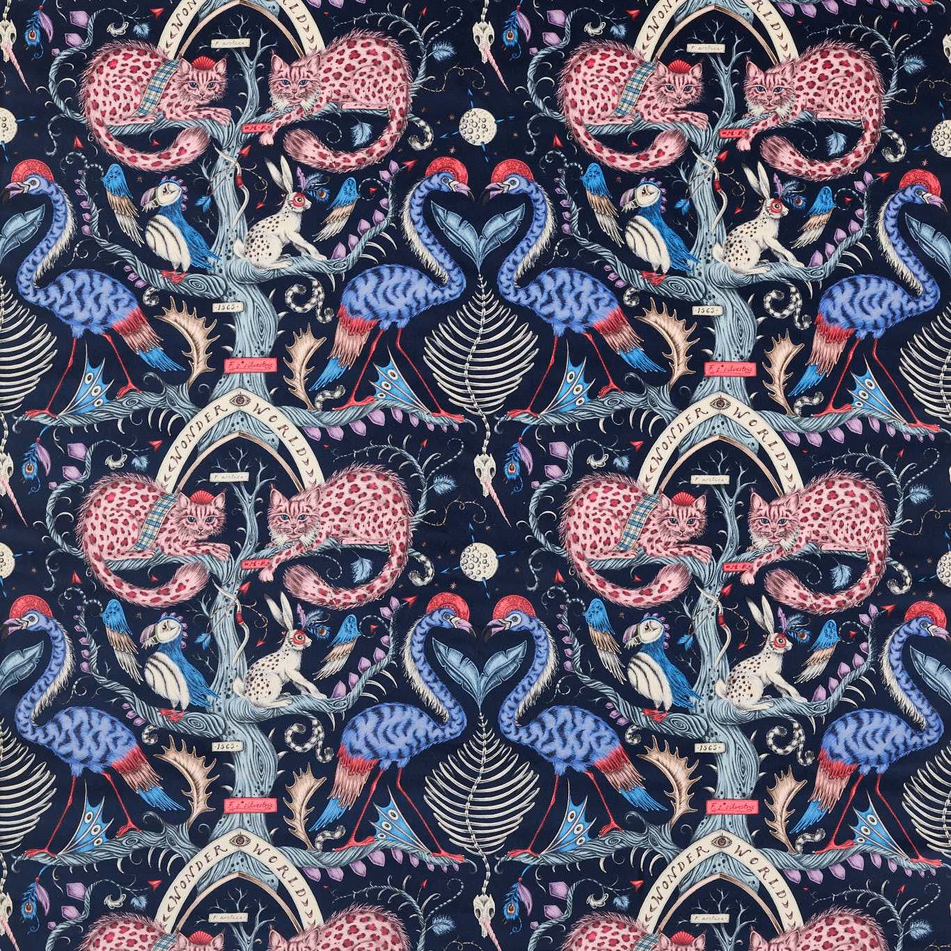 Berry velvet with pink spotted cats, blue birds and cream motifs on a navy ground