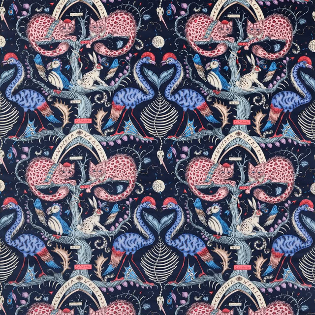 Berry velvet with pink spotted cats, blue birds and cream motifs on a navy ground