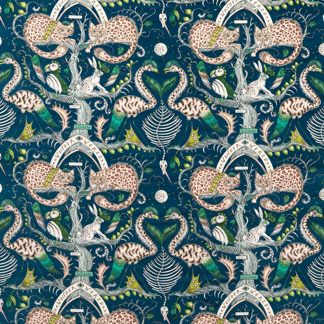 Deep teal velvet with leopards, flamingos, birds and botanical scrolls