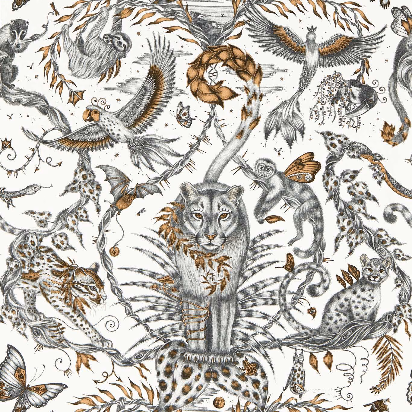 Ivory wallpaper featuring bronze, grey and charcoal animals among fine curling foliage