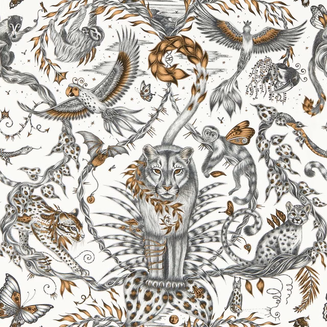 Ivory wallpaper featuring bronze, grey and charcoal animals among fine curling foliage