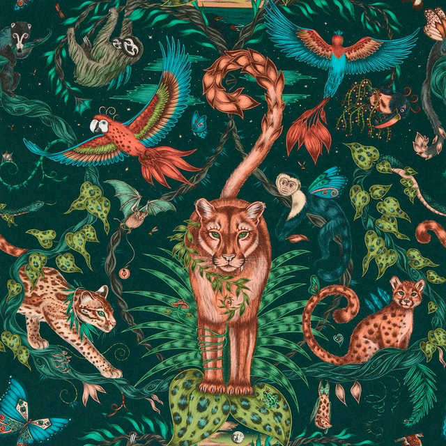 Deep forest green wallpaper with central tiger, spotted cats, vivid birds and jungle foliage
