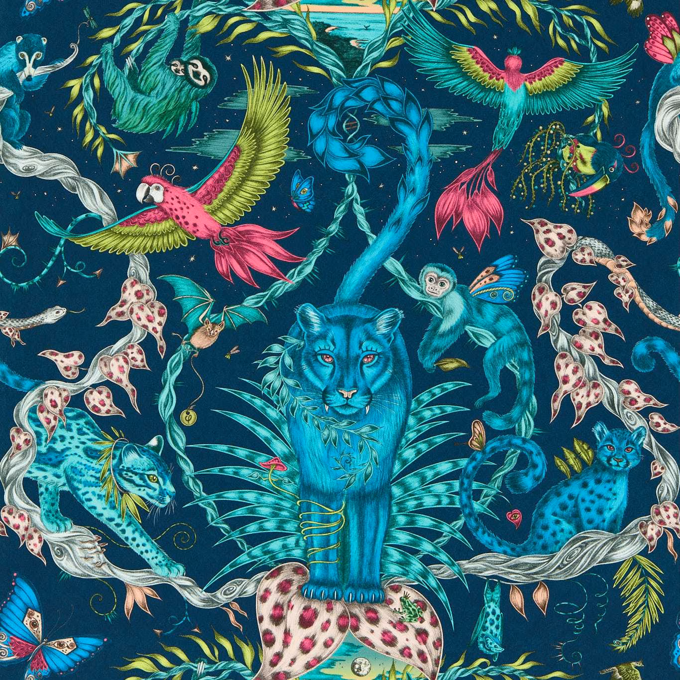 Deep navy wallpaper with turquoise panthers, pink birds, curling foliage and jewel-bright jungle creatures