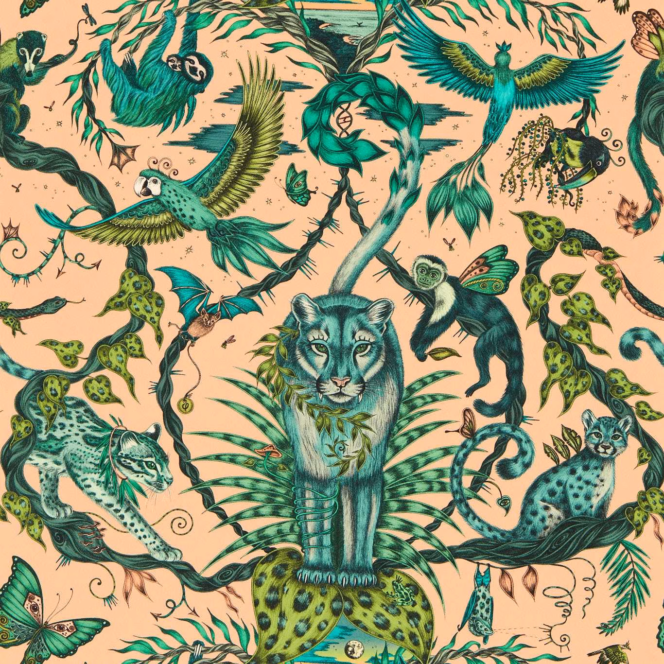 Peach-pink jungle wallpaper with teal birds, green leopards and a central tiger