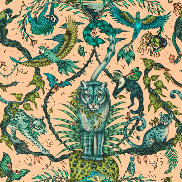 Peach-pink jungle wallpaper with teal birds, green leopards and a central tiger