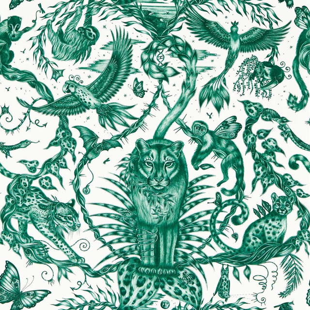 Seafoam wallpaper with emerald jungle animals, birds, foliage and a central feline