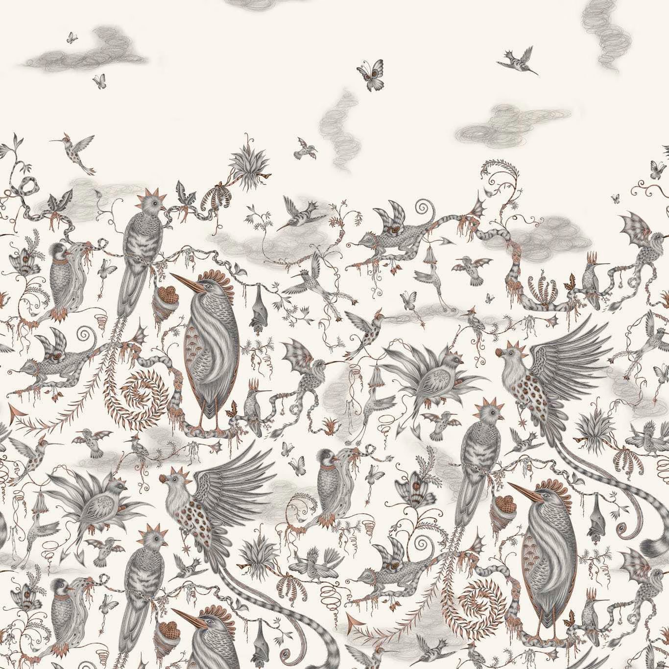 Ivory wallpaper with grey and rust birds, vines, feathers and cloud motifs