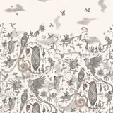 Ivory wallpaper with grey and rust birds, vines, feathers and cloud motifs