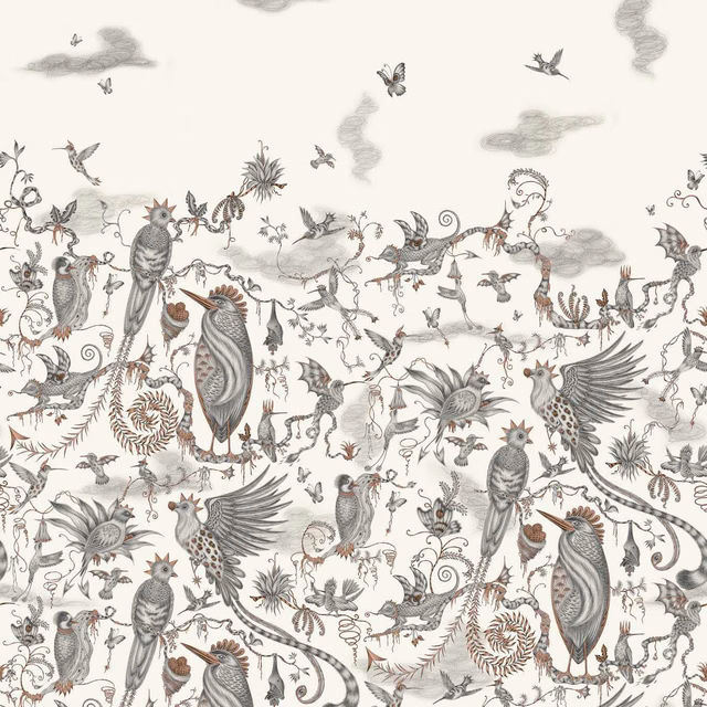 Ivory wallpaper with grey and rust birds, vines, feathers and cloud motifs