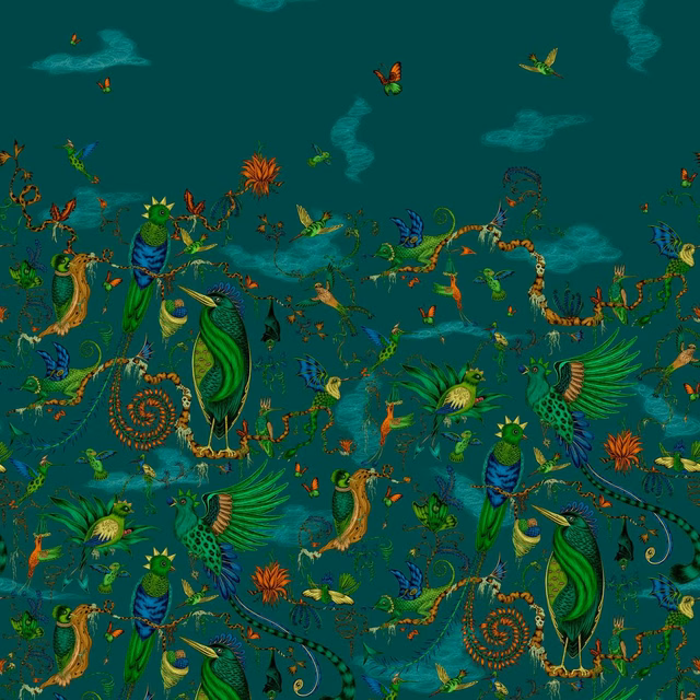 Deep teal wallpaper with jewel-toned birds, foliage and curling jungle creatures.