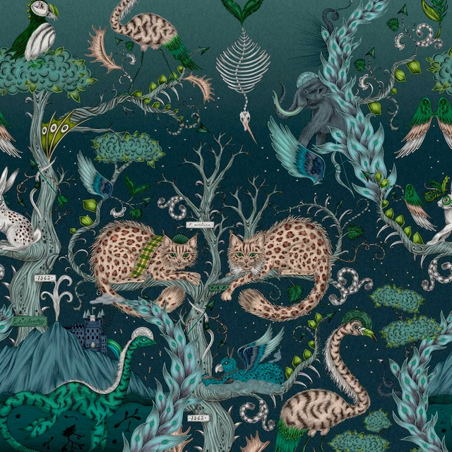 Deep lagoon wallpaper with leopards, elephant, ostrich and curling botanical motifs