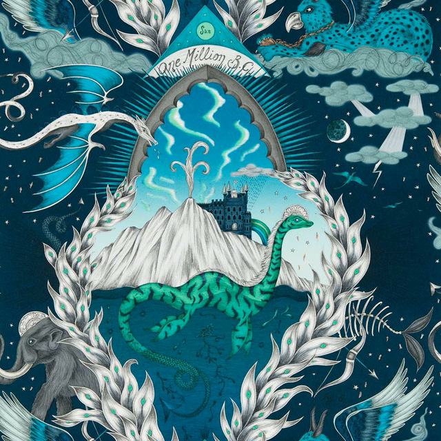 Deep marine teal wallpaper with turquoise dinosaur, mountain, foliage and starry illustrated scene
