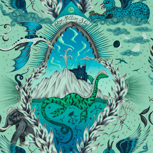 Cool sage wallpaper with turquoise dragon, mountain castle, leopard and curling botanical illustrations