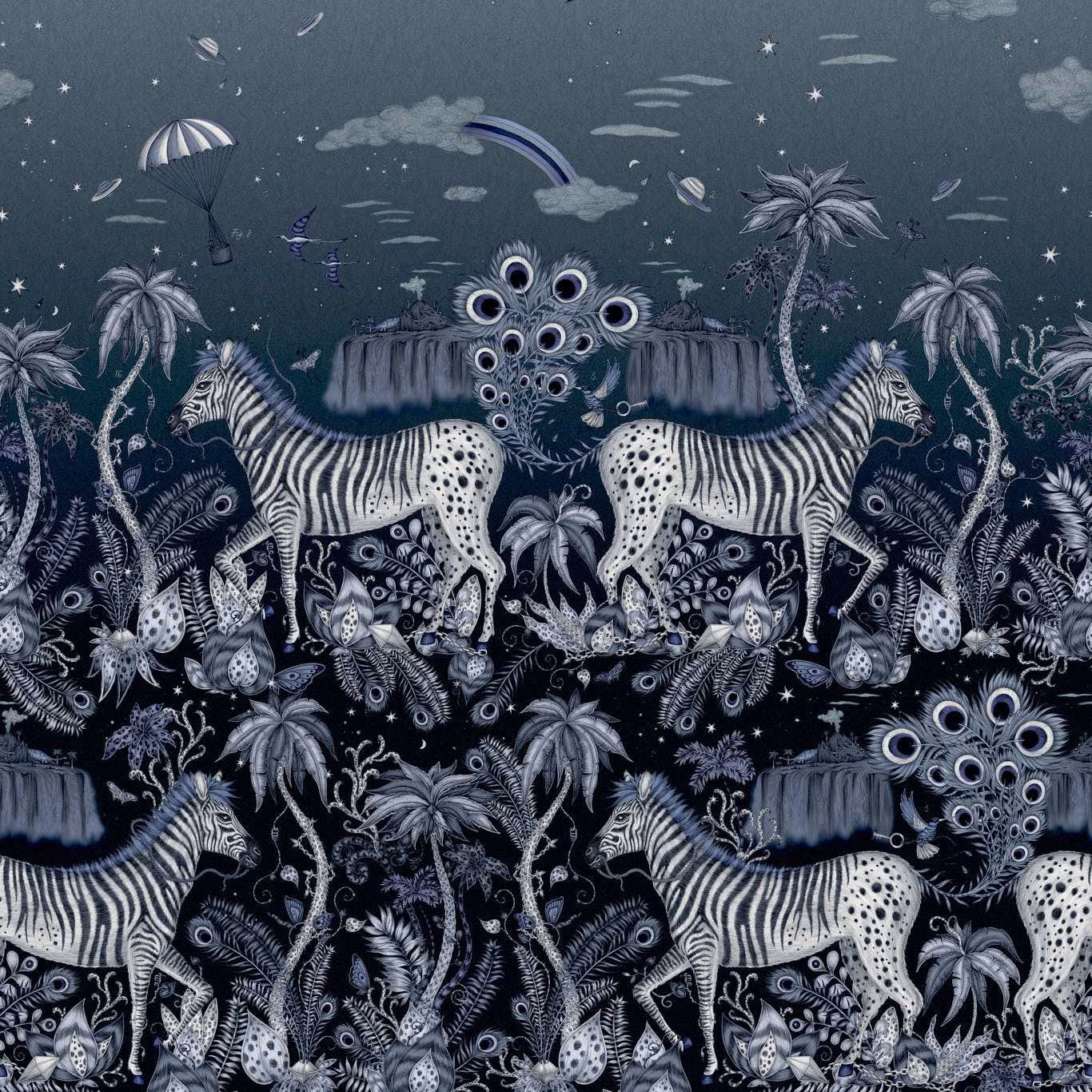 Midnight blue jungle wallpaper with pale zebras, palms and peacock-feather motifs