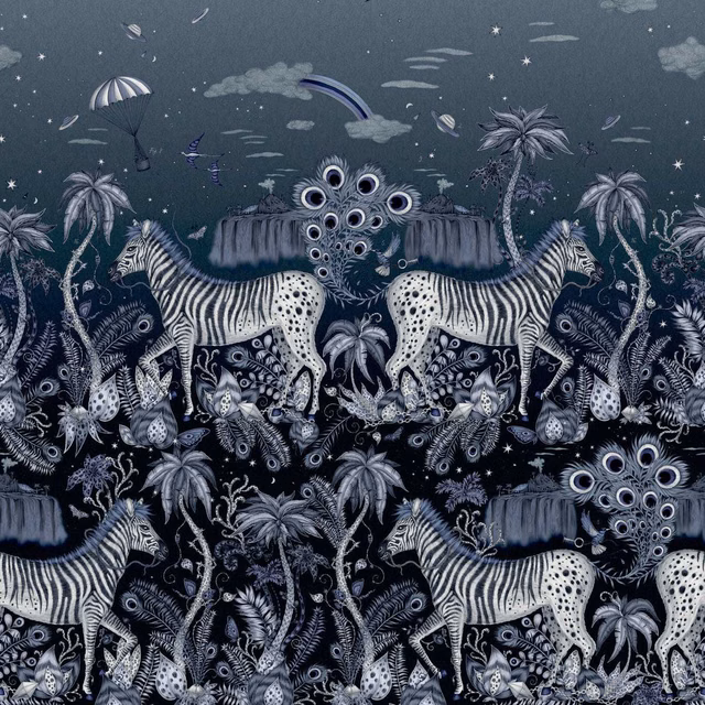 Midnight blue jungle wallpaper with pale zebras, palms and peacock-feather motifs