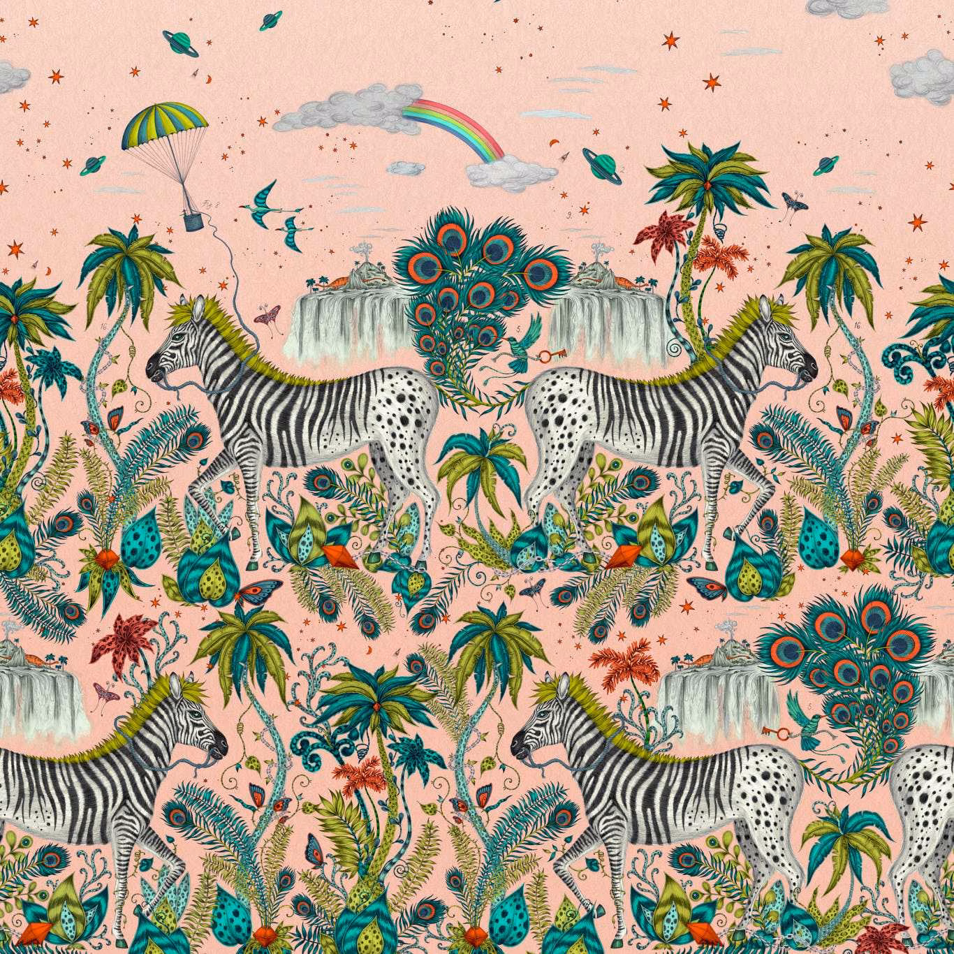 Peach-pink wallpaper with zebras, palms, peacocks and rainbow jungle scenes
