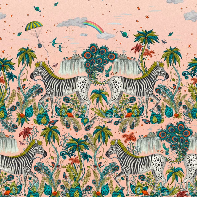 Peach-pink wallpaper with zebras, palms, peacocks and rainbow jungle scenes