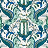 Olive, teal and cream illustrated seahorses, winged birds and classical columns