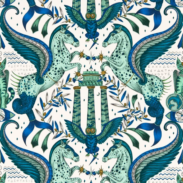 Olive, teal and cream illustrated seahorses, winged birds and classical columns