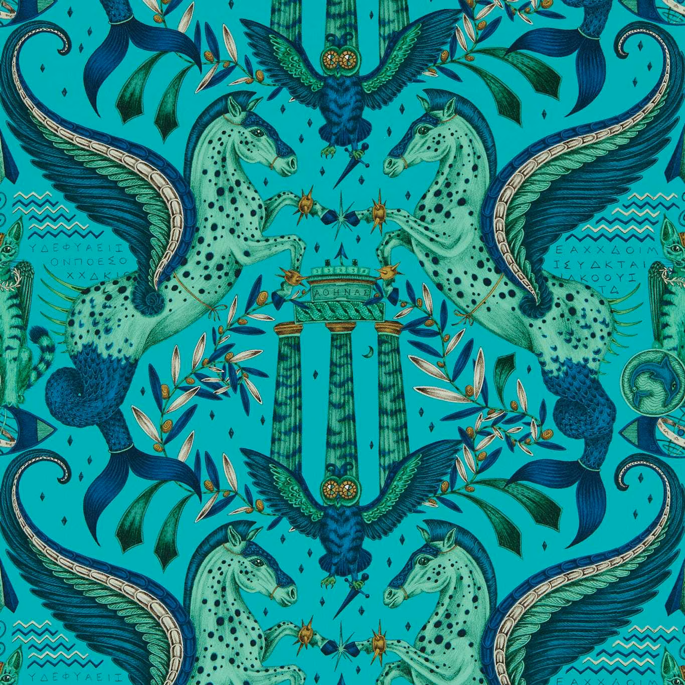 Vivid peacock turquoise wallpaper with winged horses, eagles and classical columns