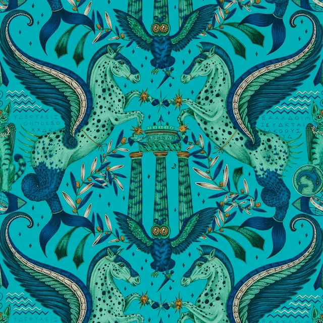 Vivid peacock turquoise wallpaper with winged horses, eagles and classical columns