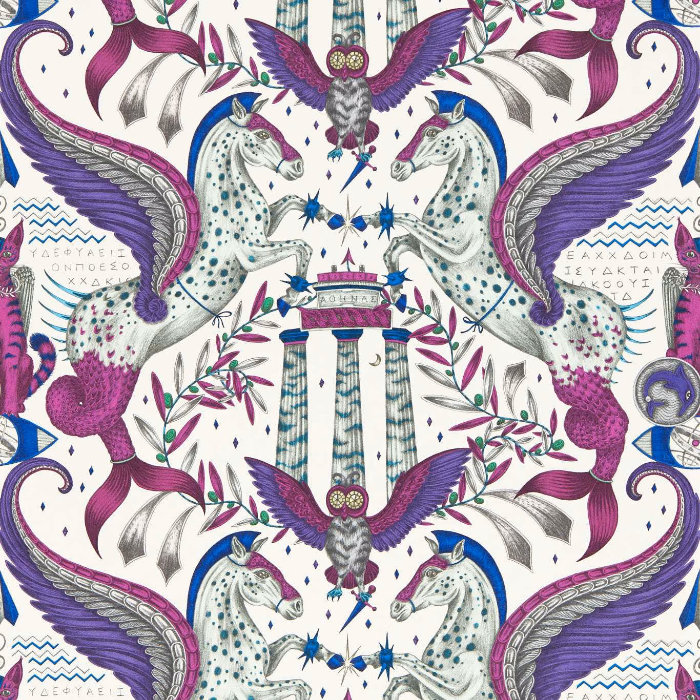 Ivory wallpaper with violet winged horses, magenta foliage and blue mythic motifs