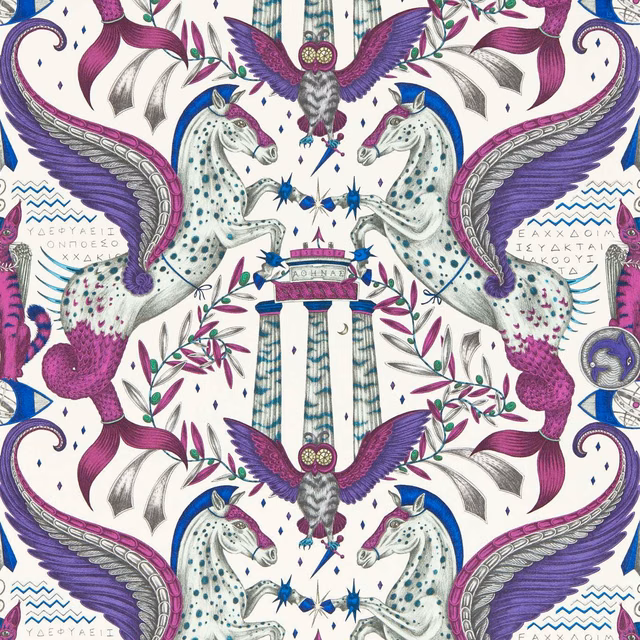 Ivory wallpaper with violet winged horses, magenta foliage and blue mythic motifs