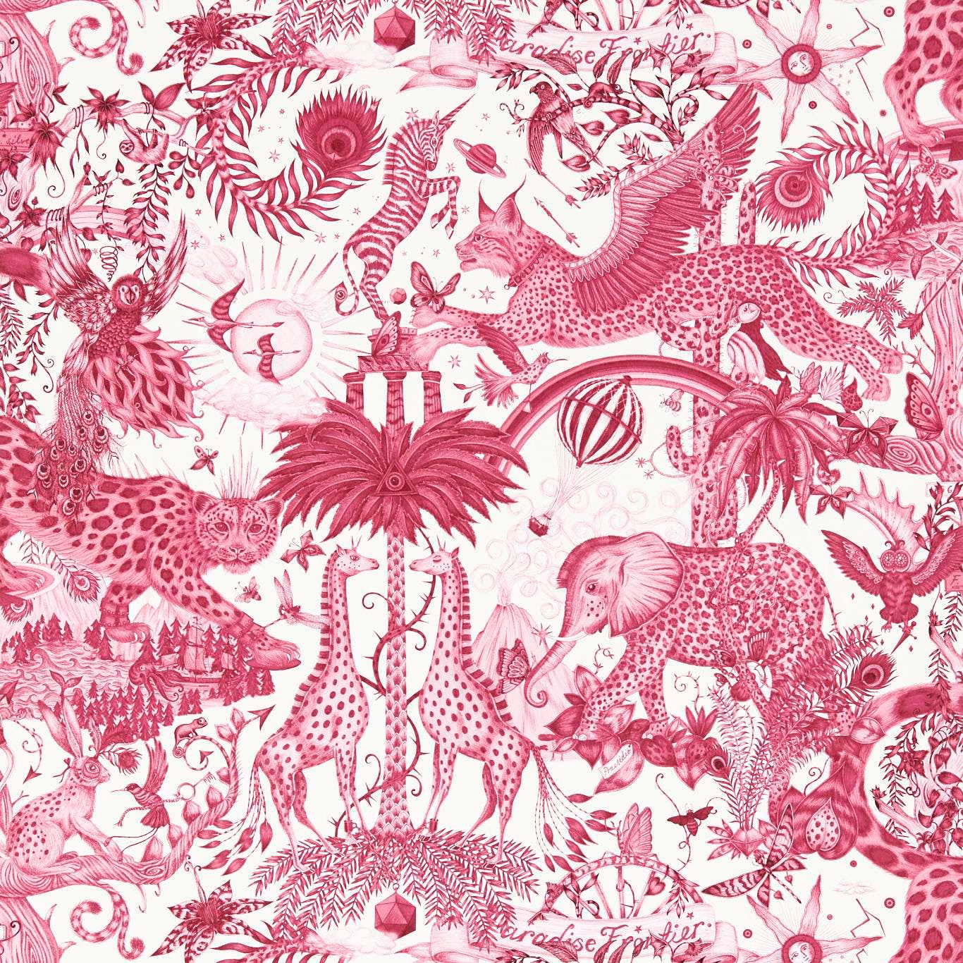 Berry magenta wildlife wallpaper with giraffes, leopards, birds and dense cream-ground foliage