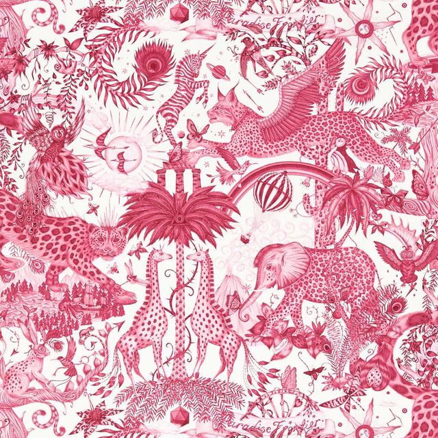 Berry magenta wildlife wallpaper with giraffes, leopards, birds and dense cream-ground foliage