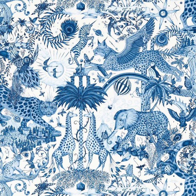 Ink-blue giraffes, birds and foliage across a dense white animal wallpaper design